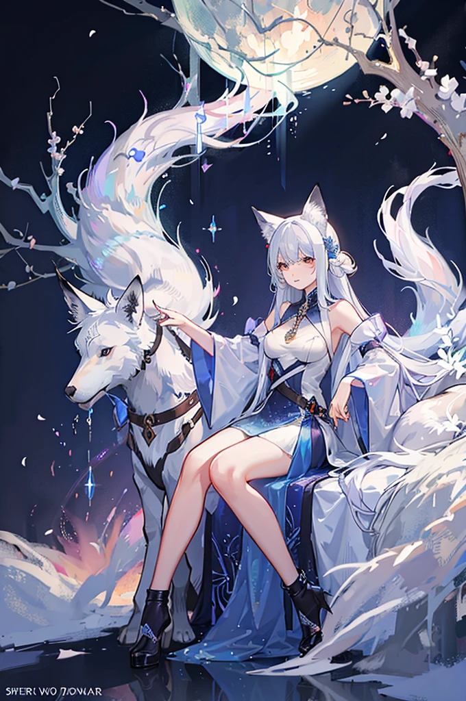 (finely detailed beautiful eyes and detailed face,masterpiece sidelighting,masterpiece,best quality,detailed,high resolution illustration), (bishoujo), (long hair), (((fansty Palaces in cloud , star sky,battleground , battle pose, ,Valkyrie,handing weapon,big perspective,front Depth of Field, off shoulder, long skirt tail, wet clothing, white hair, nsfw, white fox 's tail,Outer Glow ,shine,night, white silk, lustrous skin)))