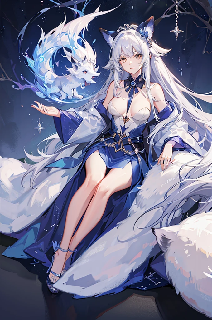 The nine-tailed fox is white, with a magic circle behind it
