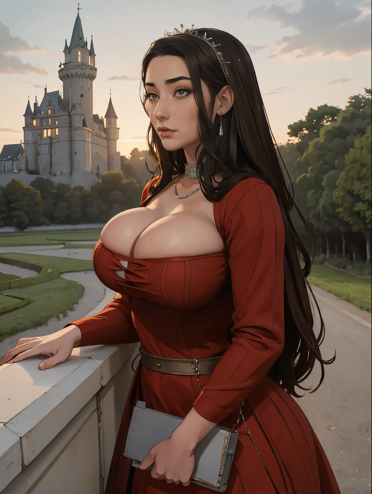 Gorgeous and sultry busty athletic (thin) brunette queen with sharp facial features wearing a modest updo, dark red medieval dress, long sleeves, intricate patterns, scrollwork, wide neck, crown, veil, long dress, modest dress, tight bodice, (silver waist chain), medieval jewelry, Middle Ages, castle, rampart, wall, exterior, on top of a castle wall, trees, countryside, evening, sunset.