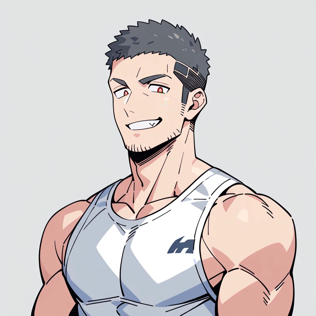 anime characters:Priapus, Muscle Sports Student, Buzz Cut, Manliness, male focus, Sports tight hooded sweatshirt, Wear a high-necked tights underneath, Very tight, full and perky chest muscles, muscular male, muscular, only, Upper body, alone, Red short hair, Thick eyebrows, stubble, Brown-red pupils, White background, simple background, amazing quality, best aesthetics, Ridiculous, crew cut, smirk, bright pupils, grin, negative space, negative space, best quality