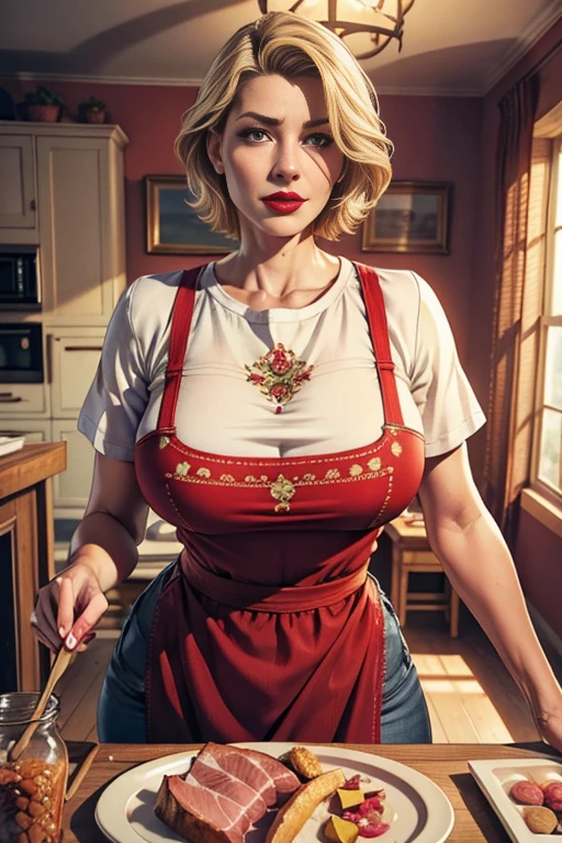 a mature woman, beautiful detailed eyes, extremely detailed face, short blonde hair combed back, large breasts, provocative and bold red lips, linen t-shirt, wearing an embroidered kitchen apron, tight skirts, wearing sandals, preparing a roast ham, living room dining room, kitchen, bright lighting, (best quality, 4k, 8k, high resolution, masterpiece: 1.2), ultra-detailed, (realistic, photorealistic, photorealistic: 1.37), photorealistic, studio lighting, physically based rendering, professional , Vivid colors