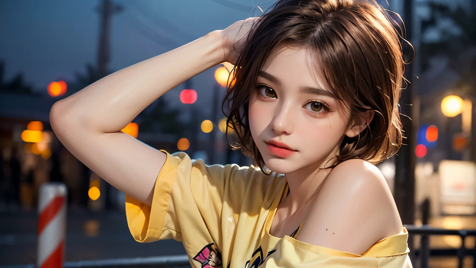 He is colorful, Oversized yellow t-shirt.., Highest quality, masterpiece, Ultra-high resolution, (Realistic:1.4), RAW Photos, One Girl, Off the shoulder, In the Dark, Deep Shadow, Moderate, Night Alley, short hair, roadside, Sitting, 20-year-old,Cute Face, Tight shirt,(head shot:1.5)