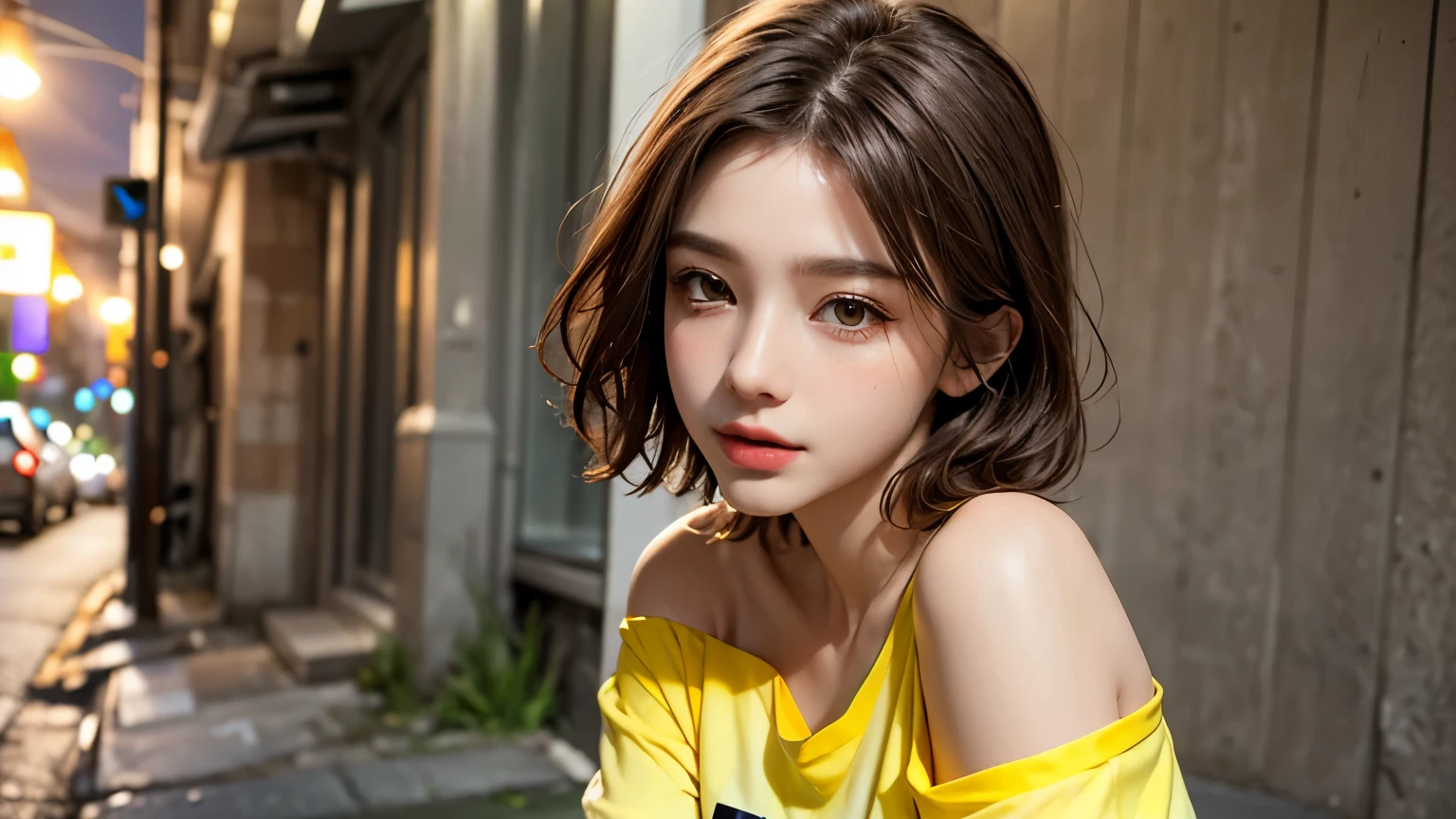 He is colorful, Oversized yellow t-shirt.., Highest quality, masterpiece, Ultra-high resolution, (Realistic:1.4), RAW Photos, One Girl, Off the shoulder, In the Dark, Deep Shadow, Moderate, Night Alley, short hair, roadside, Sitting,  20-year-old,Cute Face, Tight shirt,(head shot:1.5)