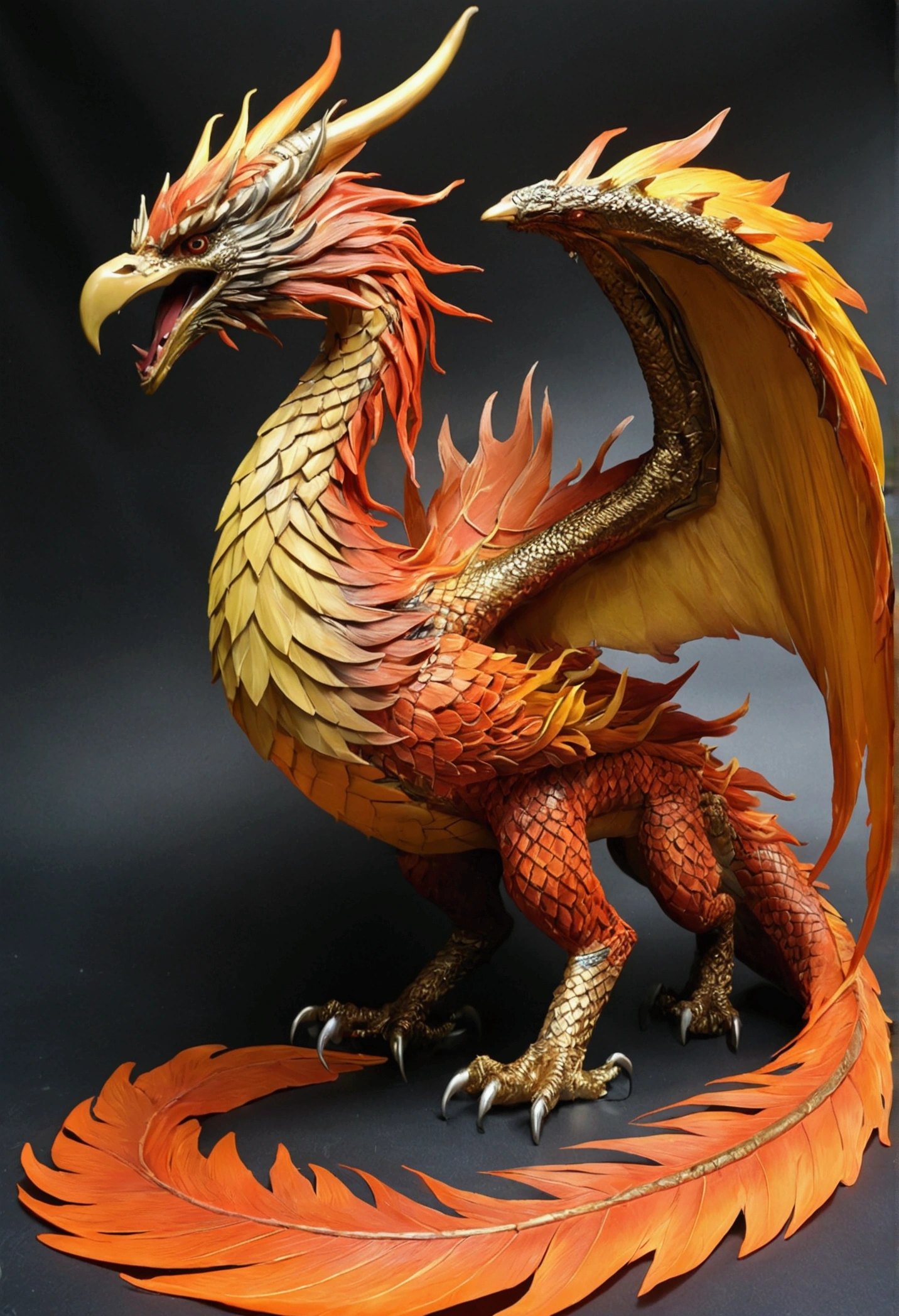 ((Highest quality)), ((masterpiece)), (detailed), One giant dragon+Giant bird feather+Bird face+spirit+Phoenix+Body of Flame+Long dragon body+Big bird-like tail