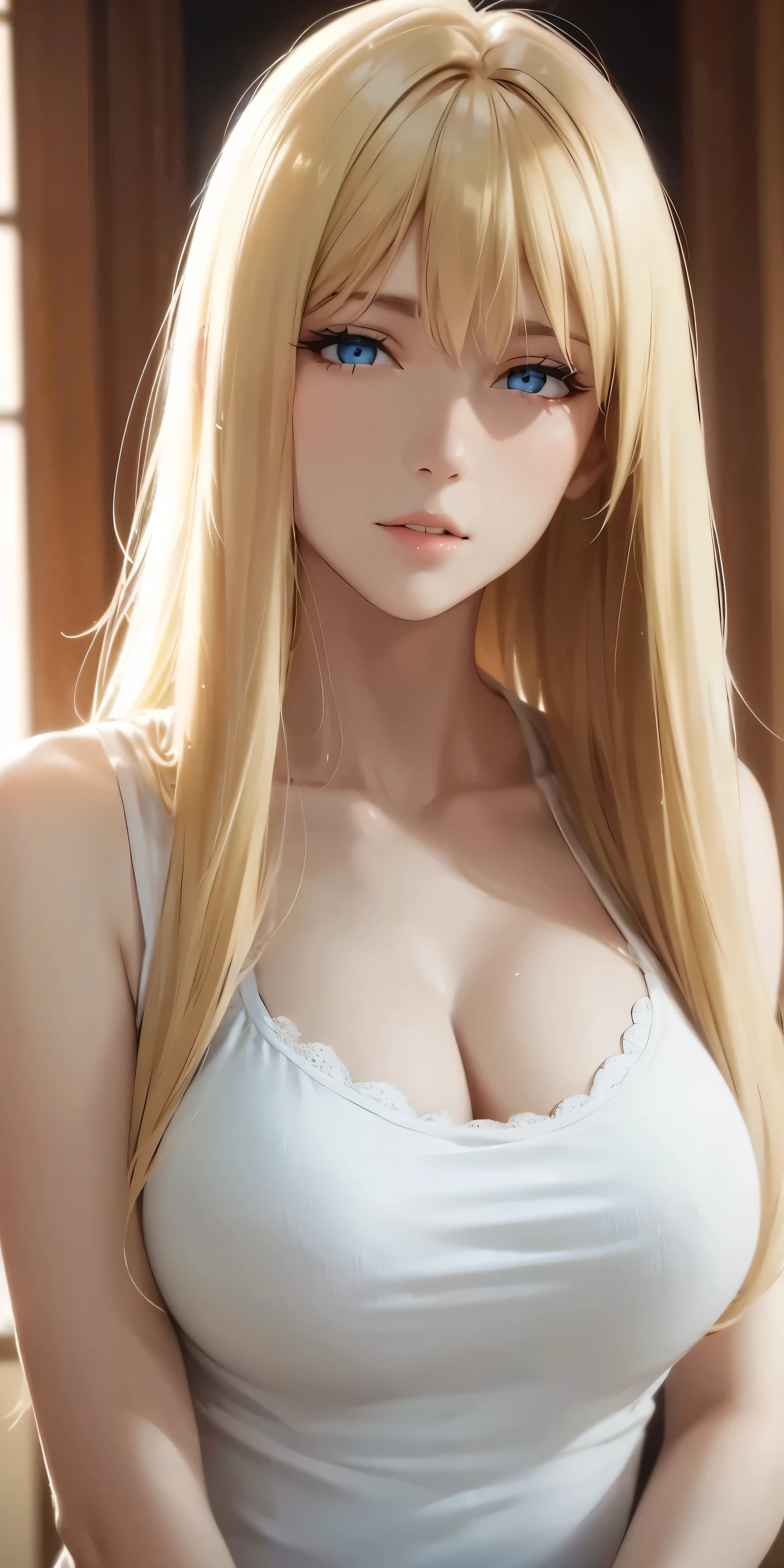 Upper body, Elegant adult woman, blonde hair, blue eyes, long hair, bangs, camisole, big breast, soft light, high quality