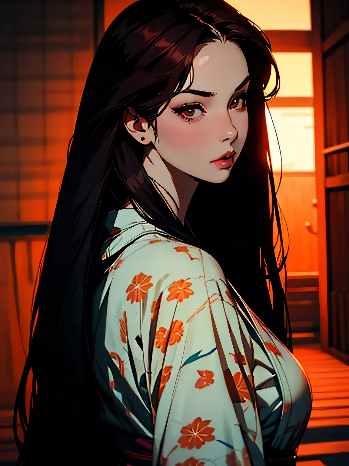 hyper-realistic of a mysterious woman with flowing dark hair, piercing orange eyes, backwards, looking back, upper body, (yukata), (sexy lips), (straight hair)