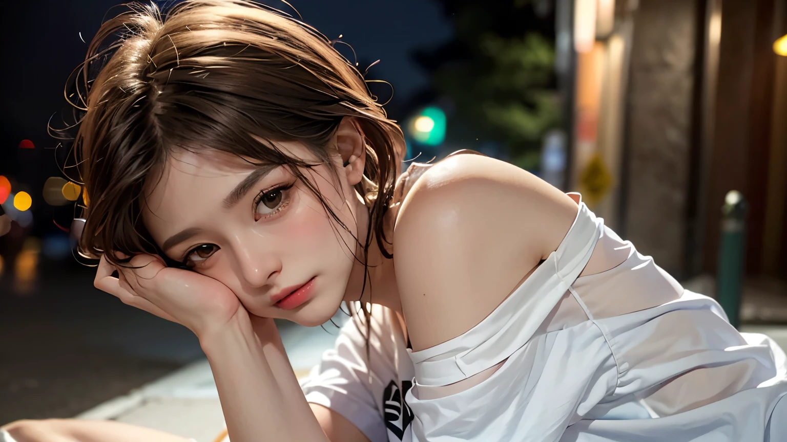 He is colorful, Oversized yellow t-shirt.., Highest quality, masterpiece, Ultra-high resolution, (Realistic:1.4), RAW Photos, One Girl, Off the shoulder, In the Dark, Deep Shadow, Moderate, Night Alley, short hair, roadside, Sitting, 20-year-old,Cute Face, Tight shirt,(head shot:1.5)