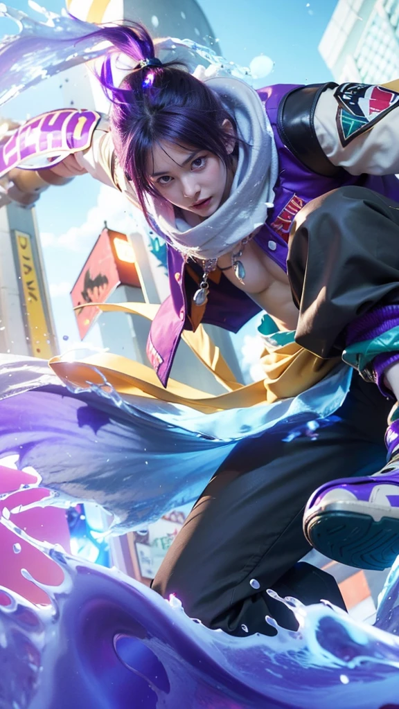 This is an image of a character in a fighting game. The character has a blue and purple outfit and is performing a move in the air.
