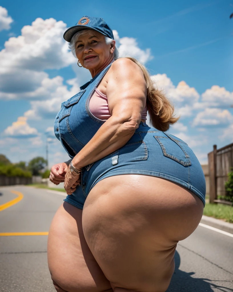Beautiful seventy year old lady wearing short denim shorts