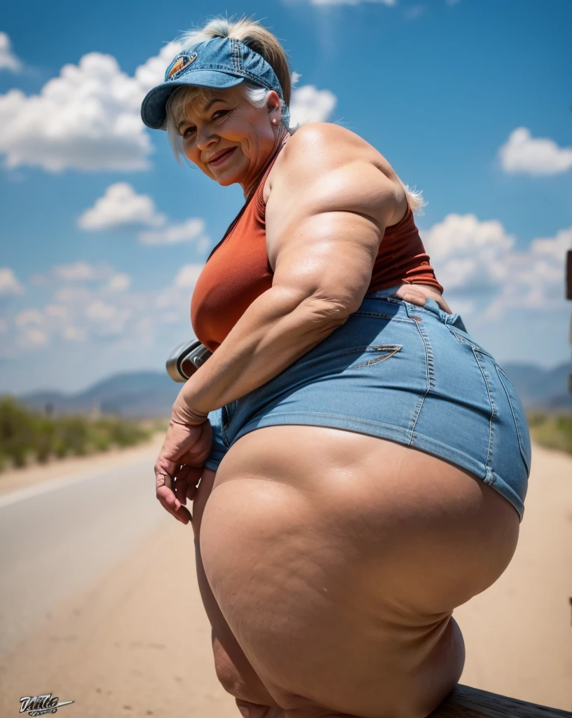 Beautiful seventy year old lady wearing short denim shorts