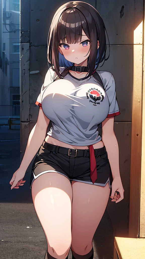 Full body image, front, One girl, 18-year-old, Mix 4, (32K, RAW Photos, Highest quality, masterpiece:1.2), (Anime-like, photoAnime-like:1.37), cute, Short sleeve T-shirt,Shorts,Black knee socks, night, rain, Humidity, Professional Lighting, Photon Mapping, Radio City, Physically Based Rendering, Super Resolution, (Big Breasts:1.2), {{The biological weapon that had preyed on the younger sister took her place and reunited with the older brother, The rebellious sister has become the obedient little sister}}, Girl Skull, whole body, NSFW