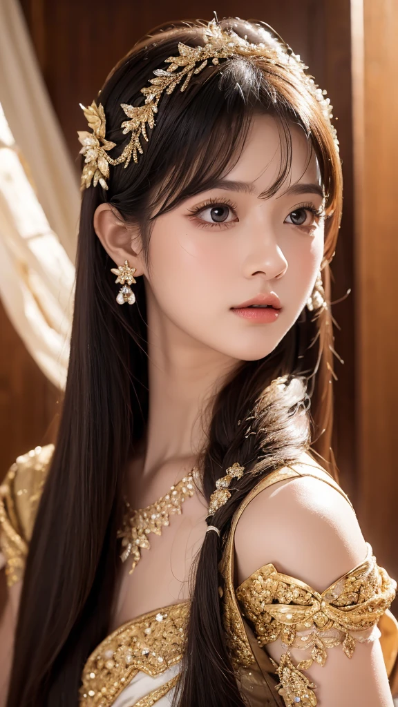"Let our AI platform take you on a journey through a stunning portrait that will leave you in awe. Imagine a bright and beautiful face, with youthful and shiny white skin that seems to shine from within. Her hair is a sight to behold, with super long and silky straight hairs smoother than anything you've ever seen. And the cherry on top? The beautiful bangs shine like glowing crystals, Add a touch of magic to the overall image. With our wide range of designs and variations, You will be amazed at the endless possibilities."