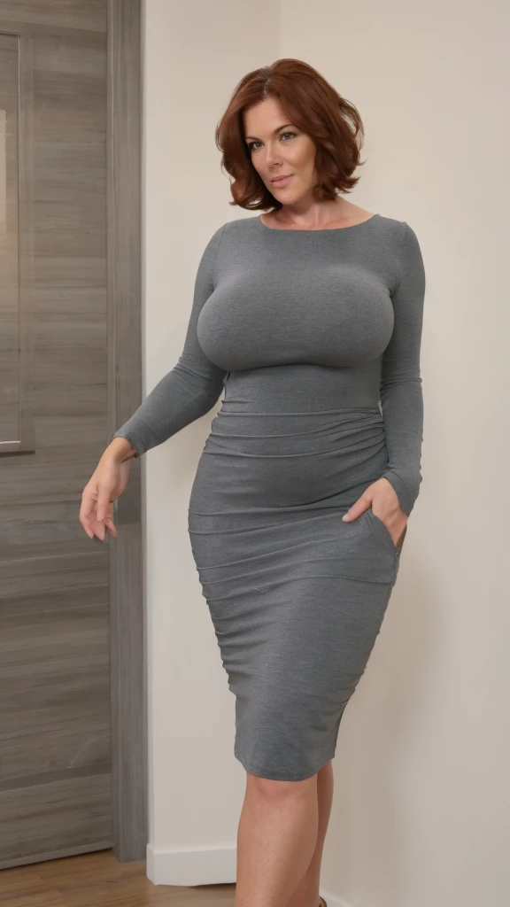 Full body shot. Indoor Side lighting. Shallow depth of field with plain blurred background. Tall and heavyset woman walking towards the camera and looking into camera. Woman is 45 years old and has large breasts. She has a Pixie cut hairstyle with reddish brown hair that is very short in length. She is wearing a grey dress with long sleeves. Erect and hard nipples.