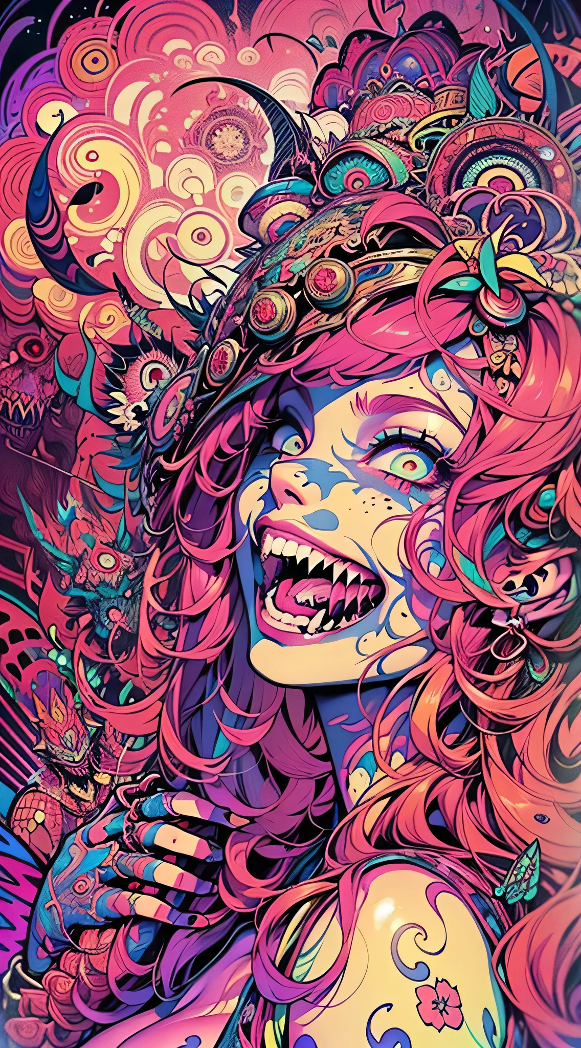 (Seductive psychedelic horror:1.5), Trippy Hentai, body horror, (having sex:1.2), (2girls), (huge flopping breasts:1.2), (visible nipples:1.3), surreal Sex, LSD trip, (Smiling, Eyes Rolling:1.2), sensual, psychedelic vaginal sex, provocative, colorful, glowing, perfect vagina, (vaginal penetration:1.2), (getting fucked roughly:1.2), orgasm face
