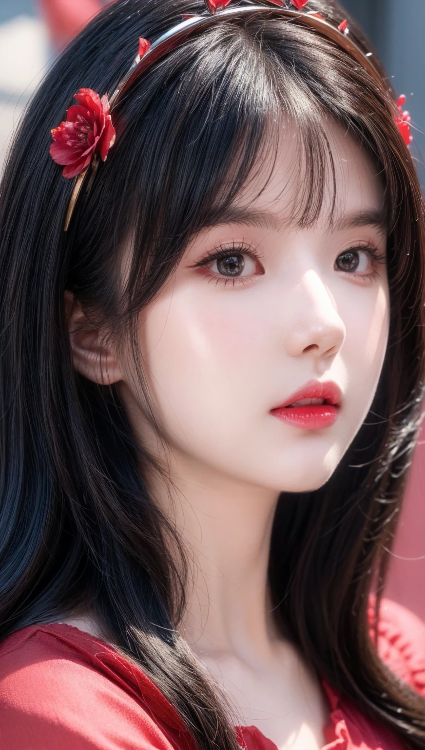 (masterpiece),(best quality:1.0), (ultra highres:1.0), detailed illustration, 8k, anime, 1girl, beautiful anime girl, wearing a red dress, flower crown, pretty face, detailed face, beautiful eyes, detailed eyes, dark red eyes, bright red lips, red lipstick, beautiful stylish hair, highlights in hair, bangs anime style, best quality, vibrant