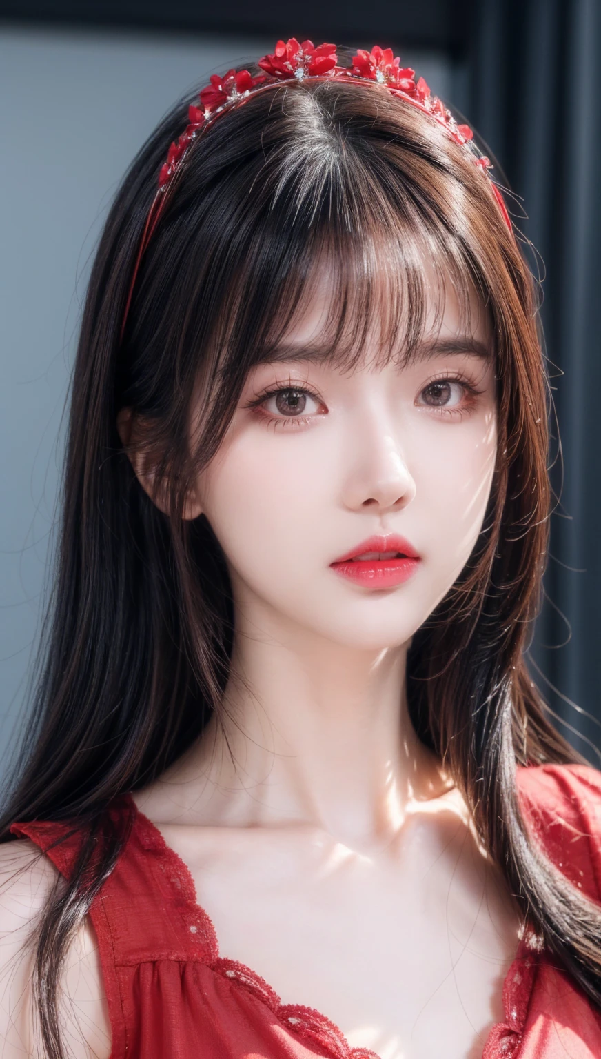 (masterpiece),(best quality:1.0), (ultra highres:1.0), detailed illustration, 8k, anime, 1girl, beautiful anime girl, wearing a red dress, flower crown, pretty face, detailed face, beautiful eyes, detailed eyes, dark red eyes, bright red lips, red lipstick, beautiful stylish hair, highlights in hair, bangs anime style, best quality, vibrant