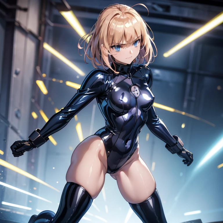 (Highest quality,4K,8k,High resolution,masterpiece:1.2),Super detailed,(Realistic,photoRealistic,photo-Realistic:1.37), A Japanese female fighter with a slim build and small face, cute, 1 girl, 18-year-old, ひざまずくPause, Black super short hair, A tight-fitting combat suit in shiny black with a patent leather finish, Tight suit, gloves, Steel City Background, night lighting, Super detailed, Explicit, Beautiful body, Beautiful Nose, Beautiful character design, Perfect Anatomy, Perfect Eyes, Perfect Face, 超High resolution, 4K, Beautiful feet, Perfect Legs, Nice hands, Perfect hands, masterpiece, Highest quality, Very detailed, figure, Absurd, Street Fighter, Doll Suit, Shadaloo Doll, doll suit, Expressionless, Hollow Eyes, Watching the audience, 赤いgloves, Emotionless, latex, corruption, Mind control, Female Combatant, Full Body, hypnotismにかかった, Unfortunate trance, Full Body suit, Ribbed bodysuit, Arms at your sides, follow, Perfect female body, extremely glossy latex, hypnotism, Hypno Lola, Empty Eyes, Mind control装置, Pauses, Obedient_Pause, Slave, Have, tie, Are standing, Are standing up straight, 注意してAre standing, Have, yellow tie, belt, latex, Ribbed bodysuit, Knee socks, garter belt, Combat Ready, Extend your right arm from your shoulder and reach your hand out into the air., army, Thigh Boots, alone, Classroom of the Elite, ichinose honami, Pink blonde hair, blue eyes, Long Hair, Large Breasts, Wicked Smile, With an evil smile, (masterpiece、Highest quality、最High resolution、clear_image、Detailed explanation): (Full body portrait、One 20 year old girl、The Face of Japan、Small face、thin、Super Short Bob Cut Hair、(Hidden Small:1.3)、輝くblue eyes、Blue and white shiny pilot suit、Armor to protect the chest、Tight fitting clothes、Clothing that covers the entire body、Clothes made of thin materials、Shiny clothes、Tight Fit Pants、Hide your skin、Very delicate and beautiful、Detailed skin、hide thighs、Hide your ass、cuteタイプ、A kind smile、Soft look、heroine、headset、Knee-high boots、肘までのgloves、Eye-level shot、Facing forward、Woman on a spaceship), Silicone Skin、so beautiful