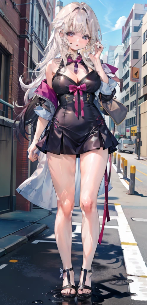 girl,Large Breasts,long hair,Topless,Bow,Blonde Hair, Purple Eyes, Cleavage,Large Breasts,whole body,foot