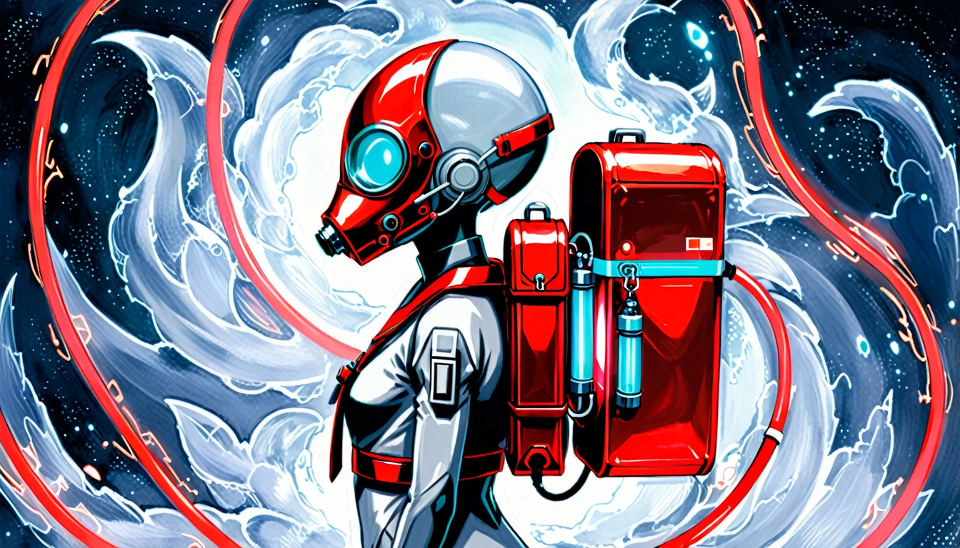 (in style of Catherine Hyde:1.4),
1 Girl,gray sailor suit,respirator masks,glowing eyes,the oxygen cylinder is on its back,from the side,fluorescent luminescent liquid,insert 2 tubes in front of you,futuristic style,(a red square metal backpack with a weird style:1.4),