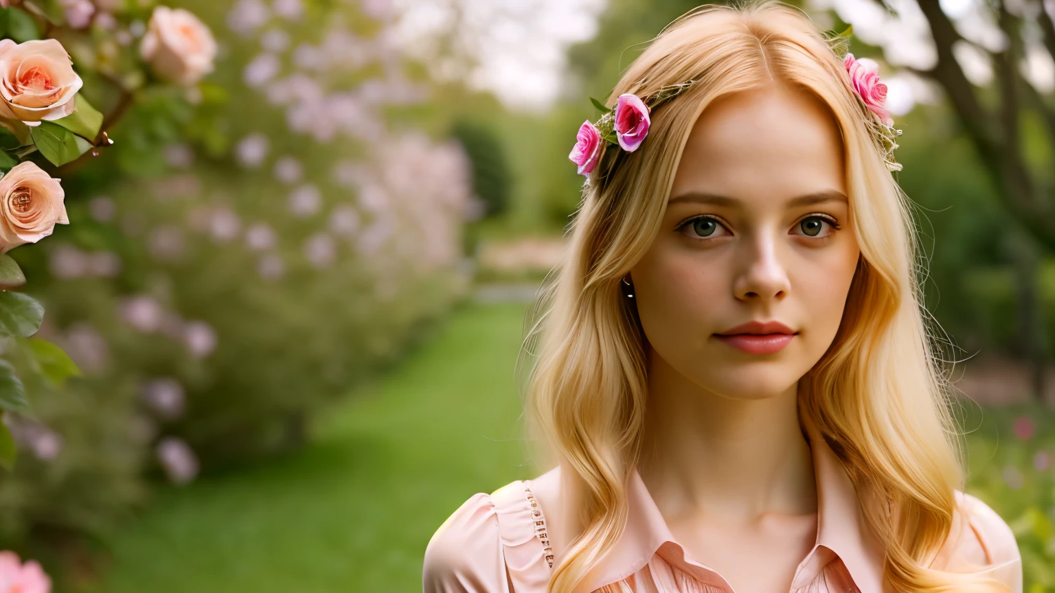 blond woman in pink dress holding a rose in front of a garden, fairy, Melissa Sue Anderson, in style of petra collin), a still of an ethereal, still from a music video, monia merlo, midsommar style,