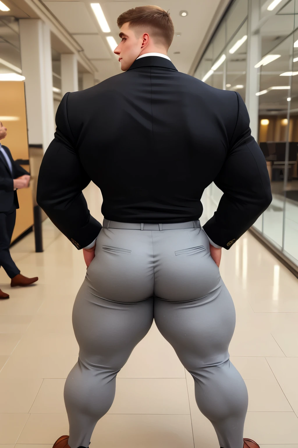 4 meter tall slightly overweight white men. 20 years old. Childish Young hairless fresh face. In london with friend. Very sexy Posing for camera. Muscular. Wearing a tight black and office suit . Big ass. Smooth body and face. Belly seen. Long long legs. View from the back.