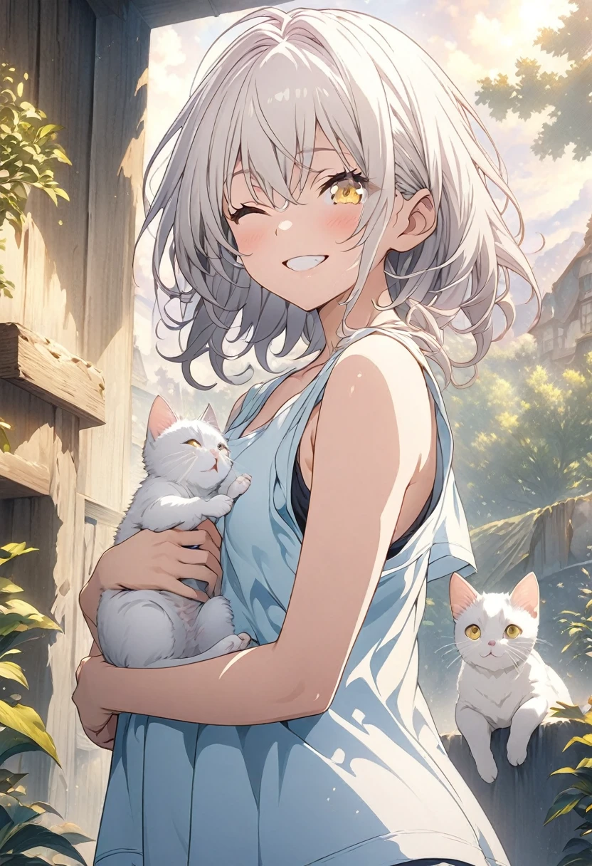 masterpiece, Highest quality, Highly detailed CG Unity 8K wallpapers, High Girl Anime Illustration. Wear an oversized tank top、Standing in honorポーズをする、she has her eyes closed and mouth open, smile. The background is a light pastel colored landscape.., white hair color, Yellow Eyes, With a kitten, Cowboy Shot