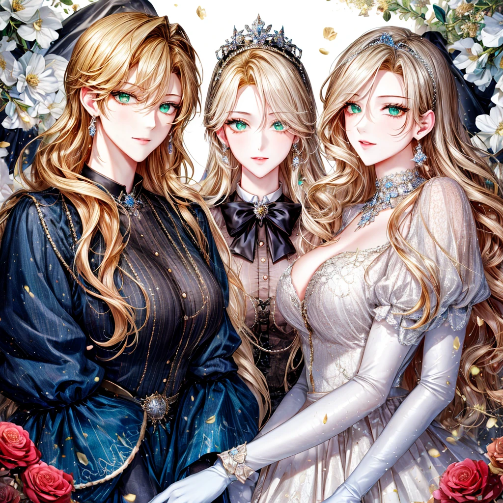 shoujo-style, (floral background, Romance Manhwa), 3girl, blonde hair, 独奏, long hair, flower, dress, tiara, white dress, gloves, long sleeves, choker, green eyes, mascara, makeup, white gloves, black bow, black flower, wavy hair, bow, Good, jewelry, looking at viewer, white background, collarbone, puffy sleeves, silver accessories, upper body, parted bangs, very long hair, blue dress, frills, bangs, closed mouth, detailed eyes, sparkle full body photo 