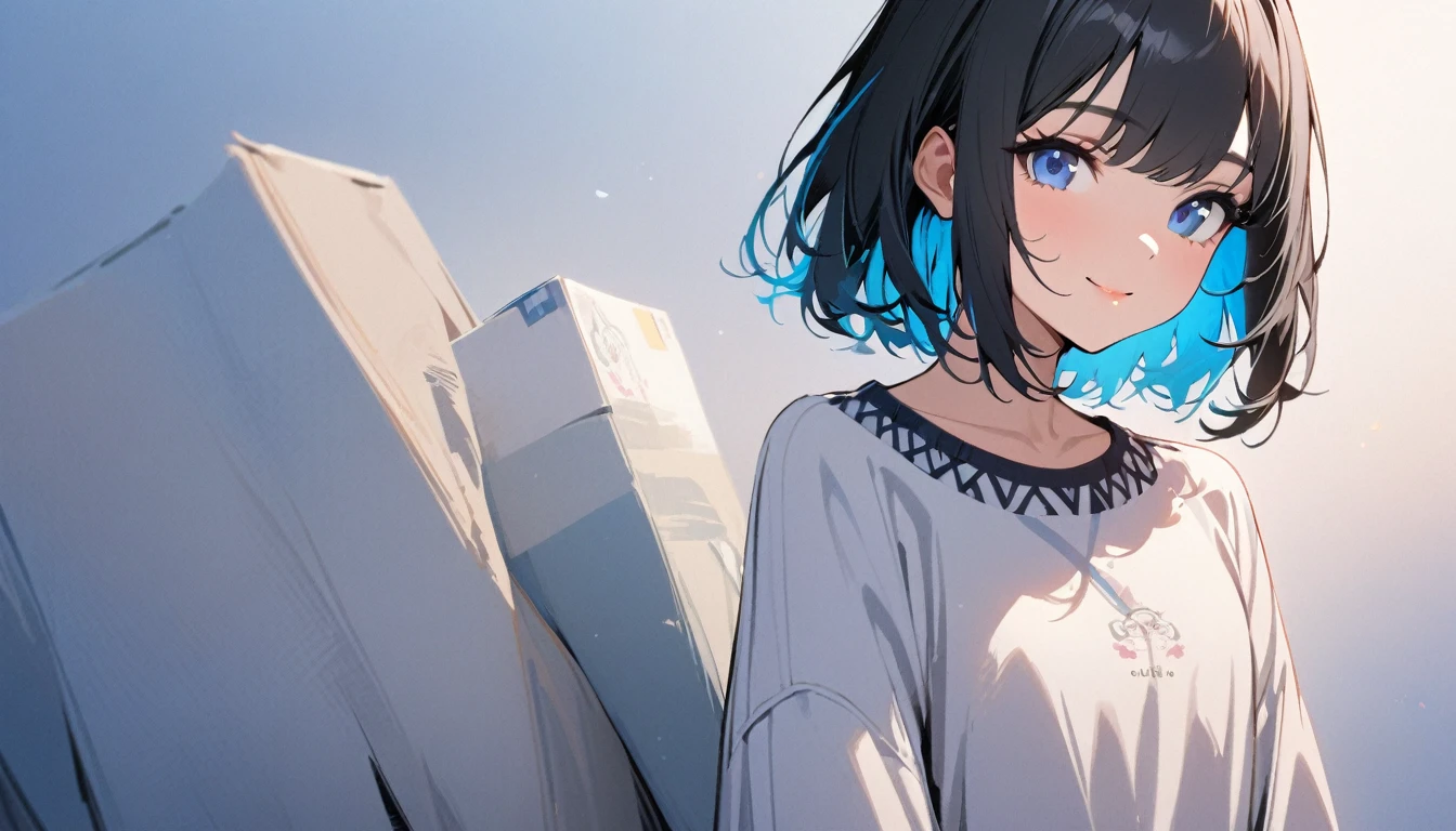 beautiful 1girl, solo, gentle smile on her face flat chest, short hair, black hair, blue eyes, illustrator, 1 girl, ,lip, sweater,order, Blue gradient background, neon hair,Textured trim, (masterpiece,Best quality) 