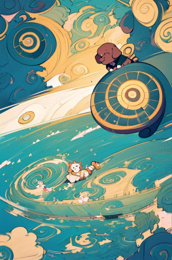 Beautiful detailed summer sky、Beautiful detailed summer clouds、((Beautifully detailed flying spiral art puppy:1.9))、Shooting from below、(Highest quality、4K、8k、High resolution、masterpiece:1.2)、Super detailed、(Real、Photorealistic、Photorealistic:1.37)、Hyperrealistic、complicated、Gorgeous、Ethereal、fluffy、Whimsical、Bright colors、Dramatic lighting、Cinematic composition、Golden Hour