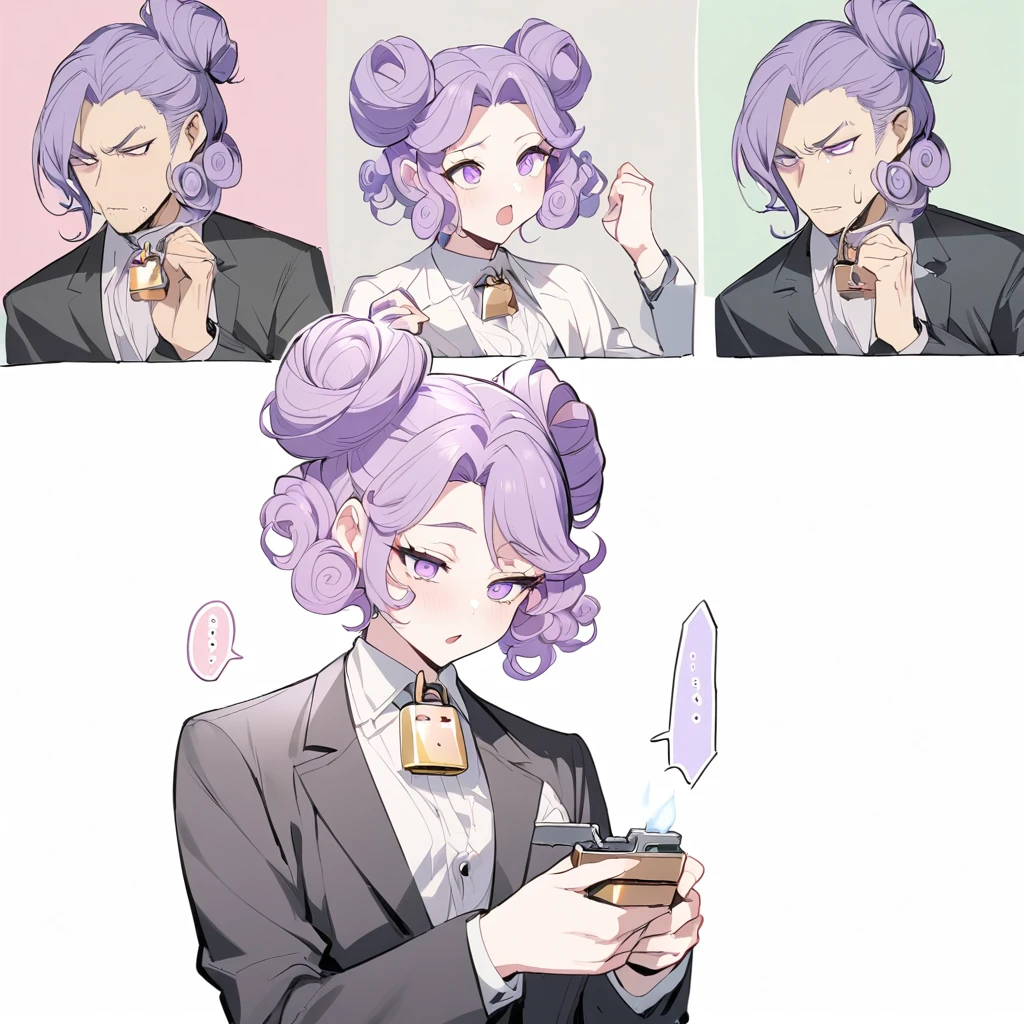 Man in suit with curly hair parted elegantly like a lock,purple hair In a bun with very curly ends ,black suit,Lighter purple eyes,guy who wants penis