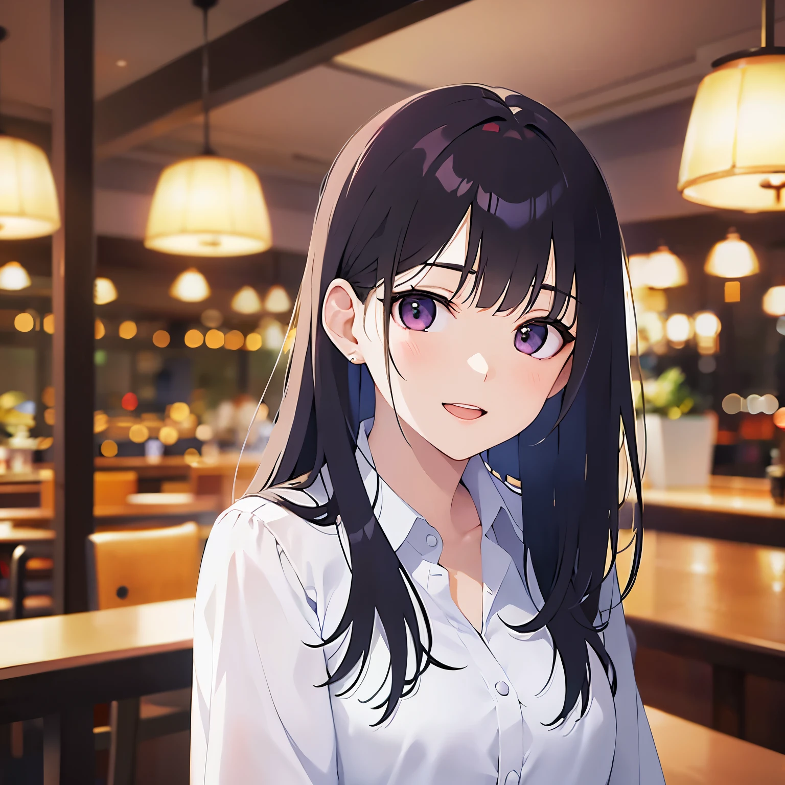 head tilt, Upper Body, Realistic, real person, (pale skin: 1.2), RAW photo, photorealistic, shiny skin, shiny hair、(A 25-year-old woman with straight hair and bangs) and (medium hair) and (black hair) and (purple eyes) , (white collared shirt)、(smile:1.2), open mouth, The background is the interior of a restaurant at night.、Alone、Are standing