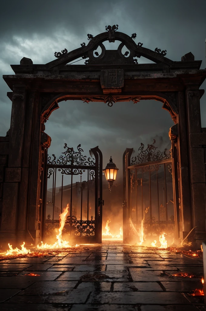 Create a highly realistic CG scene of the gates of hell. The gate is enormous and ancient, constructed from rusted metal with intricate, dark red and black corrosion patterns. The surface of the gate is marred by bloodstains and deep, jagged claw marks. Eerie faces and grotesque carvings adorn the gate's top and sides, giving it a nightmarish appearance.
Surround the gate with thick, swirling fog and dense smoke that obscures visibility. Add flickering flames and erratically moving shadows to enhance the unsettling atmosphere. The background should feature a dark, ominous sky with hints of distant, infernal fires.
The gate creaks loudly as it slowly opens, revealing a vivid red glow from within. The ground trembles slightly as the