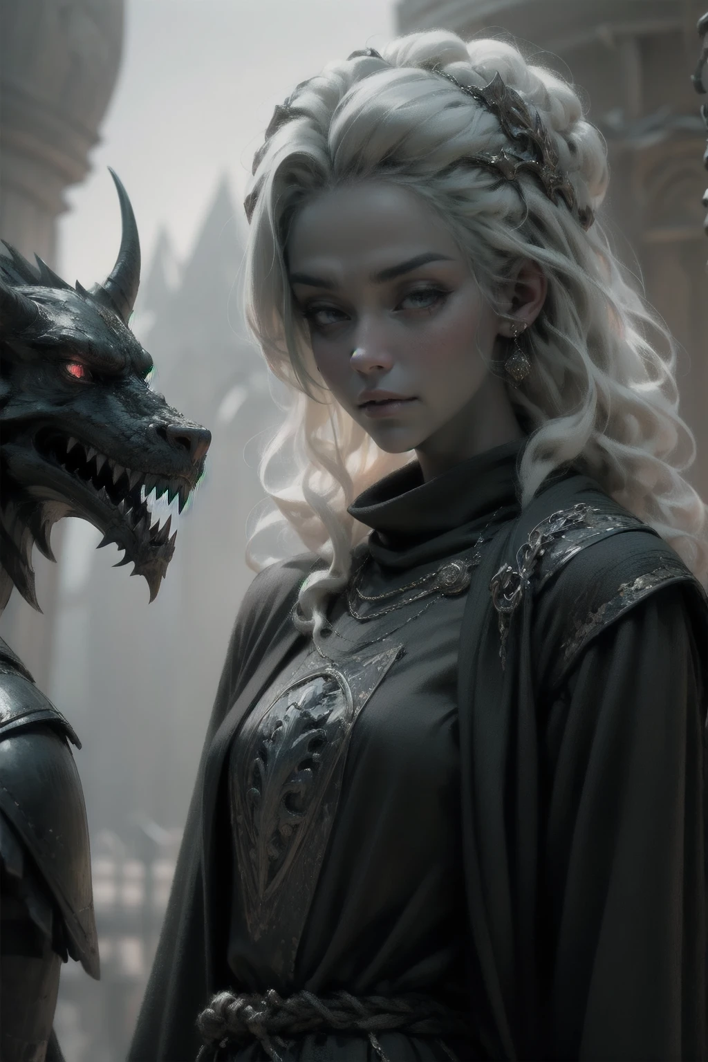 {-erro_de_anatomia:1.0} woman 30 years old, winterfel ,game of thrones clothes, dark castle, a woman (baela targaryen), black woman, black skin (black skin) medium hair, curly hair (white hair), (gray eyes) . Indifferent look , merciless. among the dragons, dinamic poses, egoist smile, upper body, angry face,
