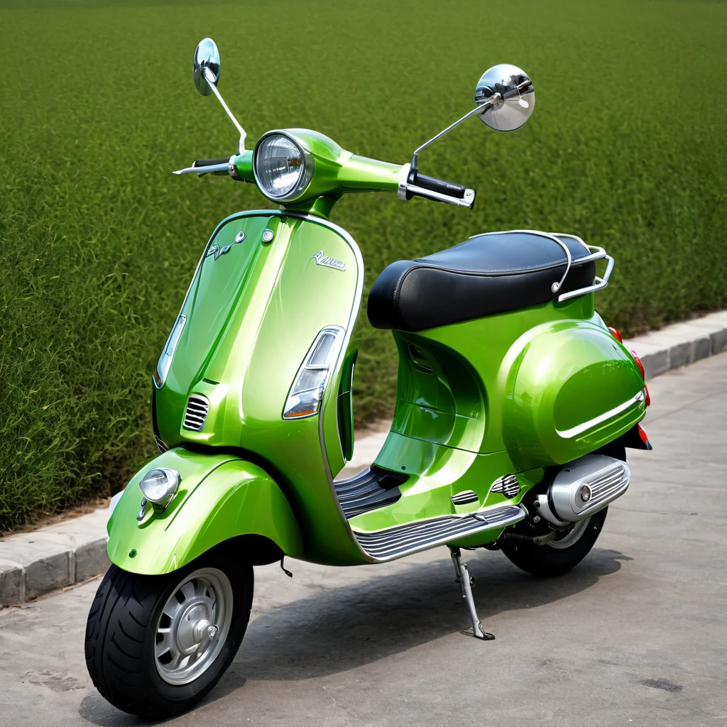 create image real Vespa with Hulk skin theme and shape, on the valley, realism, photorealistic, detailed visuals