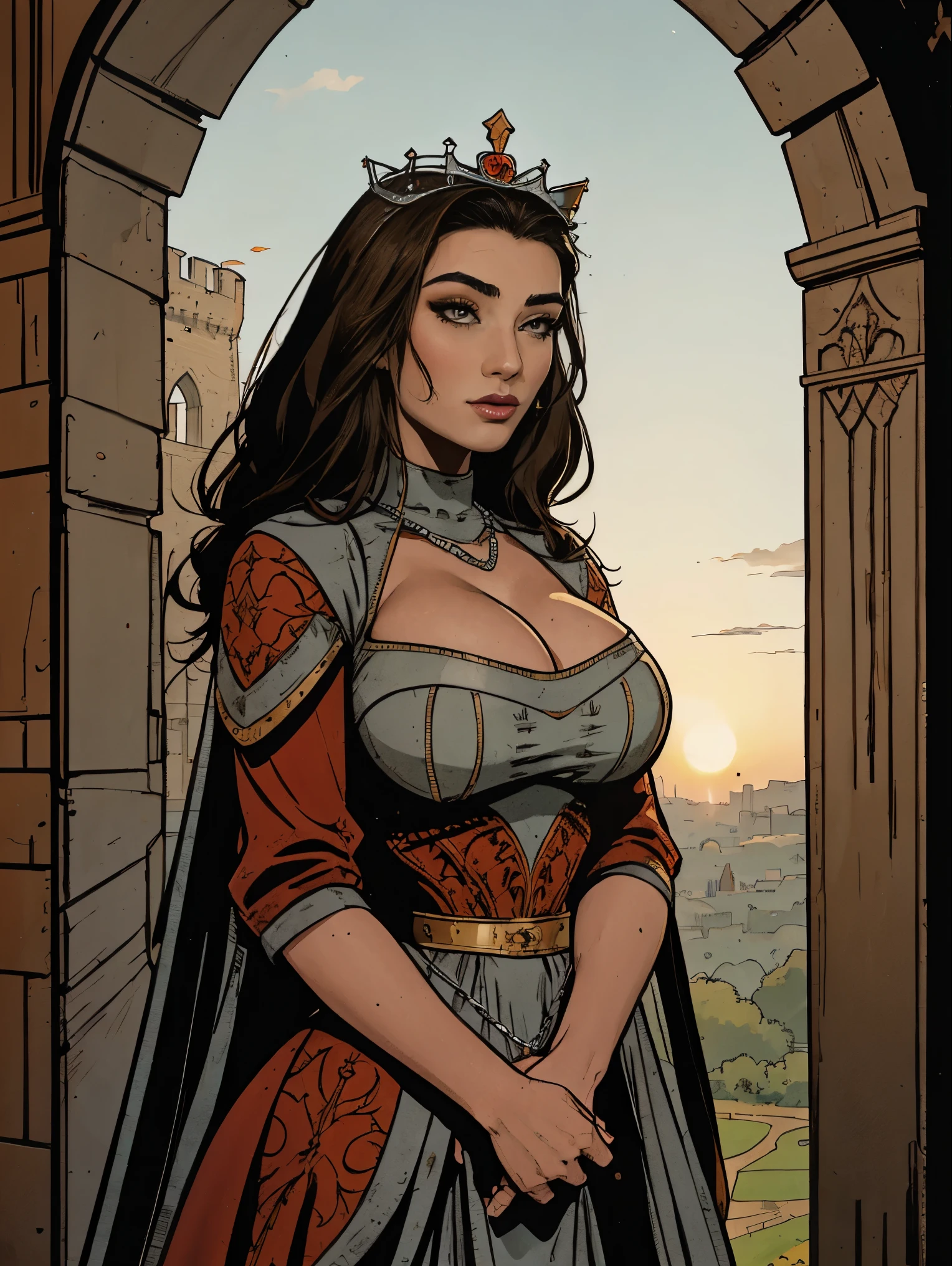 Gorgeous and sultry busty athletic (thin) brunette queen with sharp facial features wearing a modest updo, dark red medieval dress, long sleeves, intricate patterns, scrollwork, wide neck, crown, veil, long dress, modest dress, tight bodice, (silver waist chain), medieval jewelry, Middle Ages, castle, rampart, wall, exterior, on top of a castle wall, trees, countryside, evening, sunset.