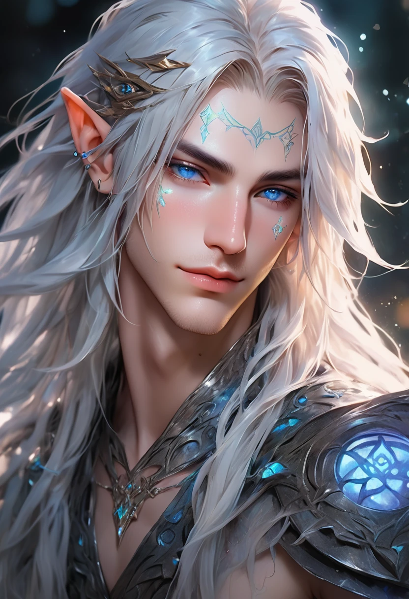 ethereal demonic 25 year old anime guy male druid, with metallic foil print long hair, delicate masterpieceintimate delicate etched glowing rune tattoos, Fabulous full view painting of a winking, beautiful gorgeous elf ((male)) almostkissing, perfect face, blue/black pastel eyes, long white wisp hair, freckles, piercings, foil print neonbody art, laboratory experiment, perfect anatomy, centered, almost perfect, dynamic, very detailed, glowing, artstation, concept art, soft and sharp focus, art by Carne Griffiths and Wadim Kashin, high-definition accent lighting, epic, elven atmosphere, contrasted with vibrant paint colors., futuristic cyborg in the year 2950,