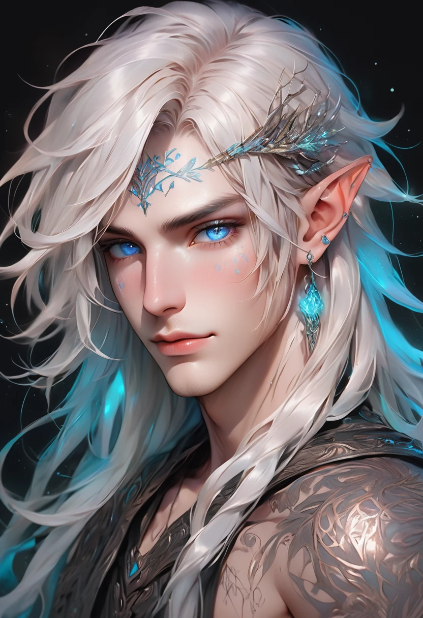 ethereal demonic 25 year old anime guy male druid, with metallic foil print long hair, delicate masterpieceintimate delicate etched glowing rune tattoos, Fabulous full view painting of a winking, beautiful gorgeous elf ((male)) almostkissing, perfect face, blue/black pastel eyes, long white wisp hair, freckles, piercings, foil print neonbody art, laboratory experiment, perfect anatomy, centered, almost perfect, dynamic, very detailed, glowing, artstation, concept art, soft and sharp focus, art by Carne Griffiths and Wadim Kashin, high-definition accent lighting, epic, elven atmosphere, contrasted with vibrant paint colors., futuristic cyborg in the year 2950,