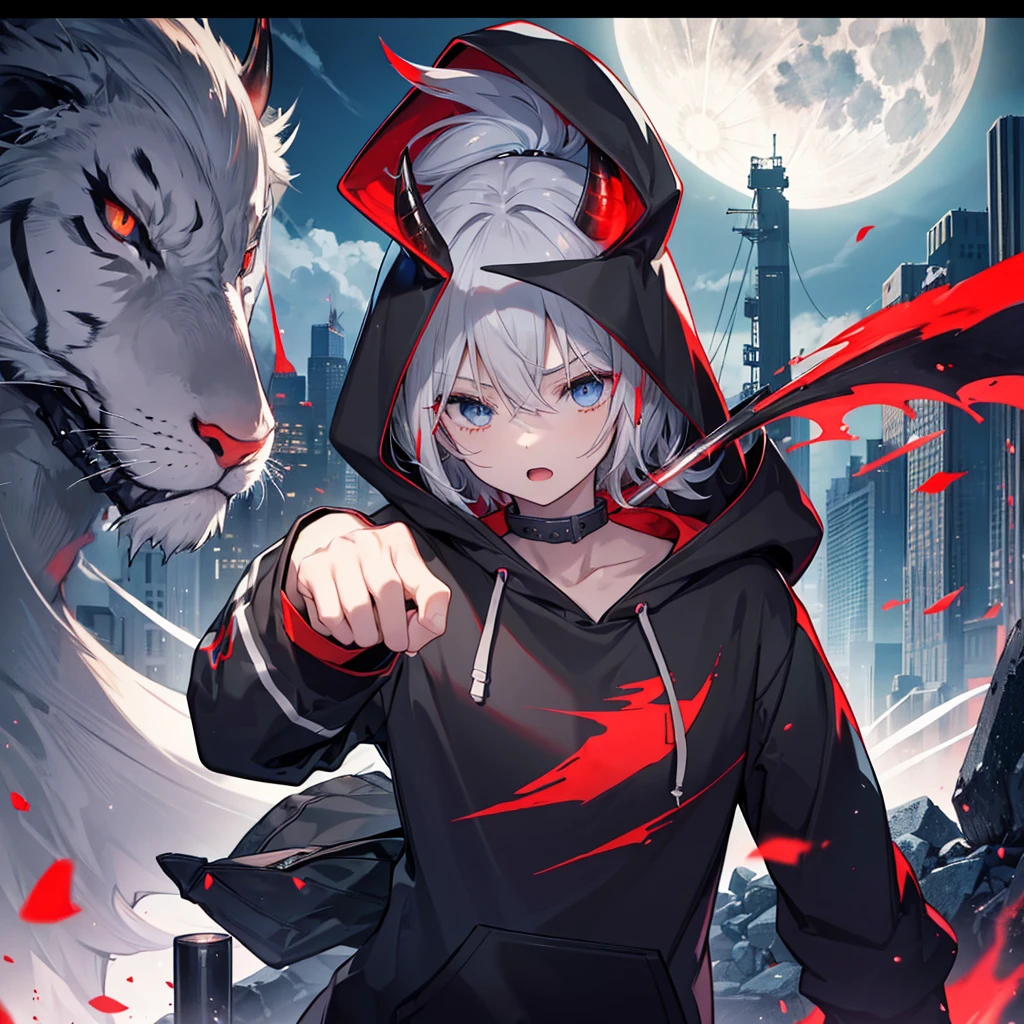 (((((grim Reaper、Horn、Roar!! Sickle hoodie、Black and Red、Wearing a hood))))) ((((Gray Hair、short hair blue eyes A tense look girl、Center close-up)))),(((night、full moon))),(Shining Background Shining Edges)