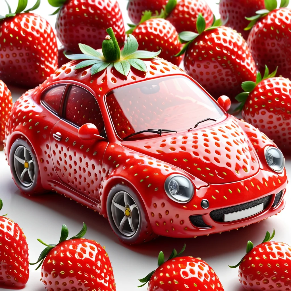 strawberry shaped like a  sport car , textured strawberry red skin, solo, very detailed, 4k, masterpiece, morph, subject, 8k, high quality, The surface of the strawberry is dotted with numerous small seeds and has a bright red color, which is typical for ripe strawberries, White Background,strwbrrxl, ral-strawberryjam
