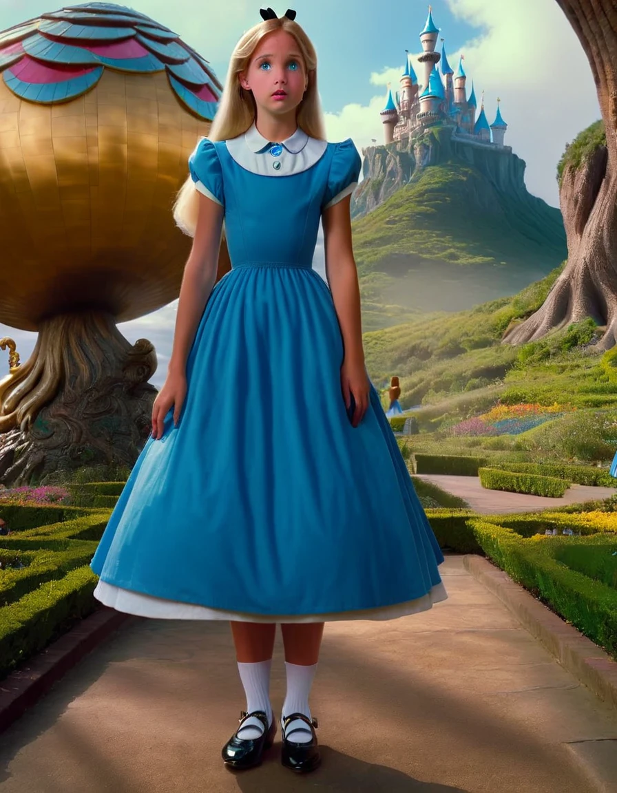 wxaliwonlan,1 girl, alone, long hair, blue eyes, blonde hair, dress, (standing in front of a giant woman), Alice (Alice in Wonderland), Disney cartoon, masterpiece, best quality, (intricate details), highly detailed eyes, unique pose, dynamic pose, 35mm, anamorphic, lightroom, cinematography, film grain, HDR10, 8k hdr, Steve McCurry, ((cinematic)), RAW, portra 400 film with color grading, color remarkable, ray tracing, subsurface scattering, hyperrealistic, extreme skin details, skin pores, deep shadows, contrast.