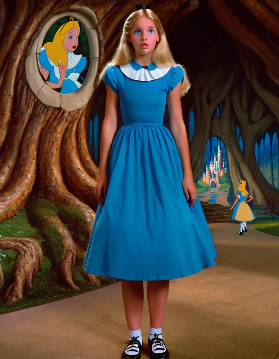 wxaliwonlan,1 girl, alone, long hair, blue eyes, blonde hair, dress, (standing in front of a giant woman), Alice (Alice in Wonderland), Disney cartoon, masterpiece, best quality, (intricate details), highly detailed eyes, unique pose, dynamic pose, 35mm, anamorphic, lightroom, cinematography, film grain, HDR10, 8k hdr, Steve McCurry, ((cinematic)), RAW, portra 400 film with color grading, color remarkable, ray tracing, subsurface scattering, hyperrealistic, extreme skin details, skin pores, deep shadows, contrast.