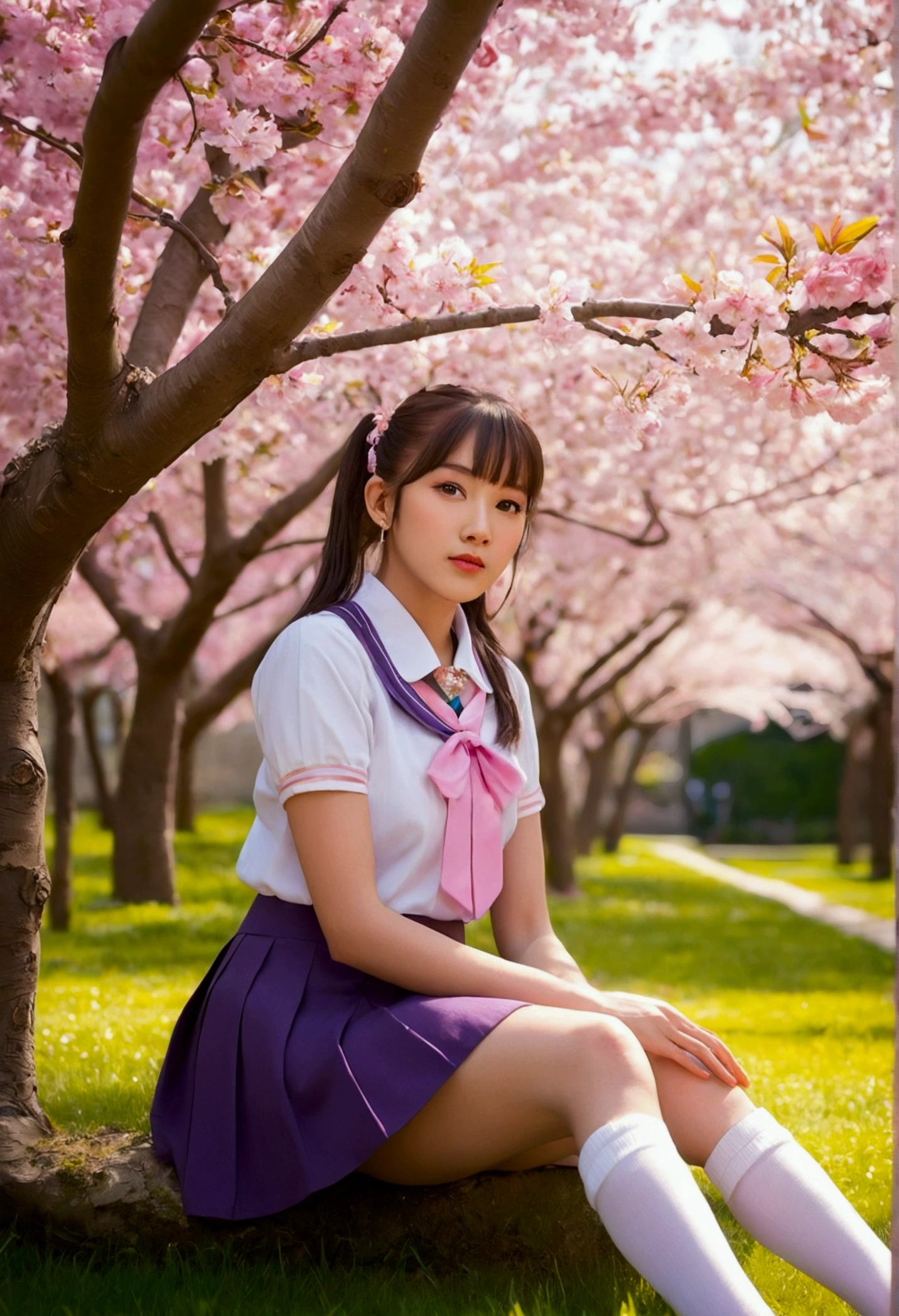 ultra-detailed, sitting under a blooming cherry blossom tree in a vibrant garden, surrounded by colorful flowers. She has radiant, expressive eyes, full of curiosity and innocence. Her lips are delicately curved into a gentle smile. Her hair are tied back with a ponytail and bangs. She wears a necklace, a bracelet, and dangling earrings. The sunlight filters through the branches, casting soft shadows on her face. The cherry blossoms create a dreamy atmosphere with their soft pink petals gently falling around her. The schoolgirl's uniform consists of a very short crop top, a pleated miniskirt, and white thigh-highs. The garden is filled with a variety of flowers, including roses, tulips, and daisies, in vibrant shades of pink, red, yellow, and purple. The scene is bathed in a warm, cinematic light, with a slight golden hue, giving it a romantic and nostalgic feel. The image quality is of the highest standard, with ultra-fine details visible in every aspect, from the delicate strands of hair to the intricate patterns on the schoolgirl's uniform. The colors are vivid and vibrant, with a perfect balance of saturation and contrast. The lighting creates a soft, enchanting glow, enhancing the allure of the scene. The overall composition exudes a sense of tranquility and beauty, inviting the viewer to immerse themselves in the serene moment.