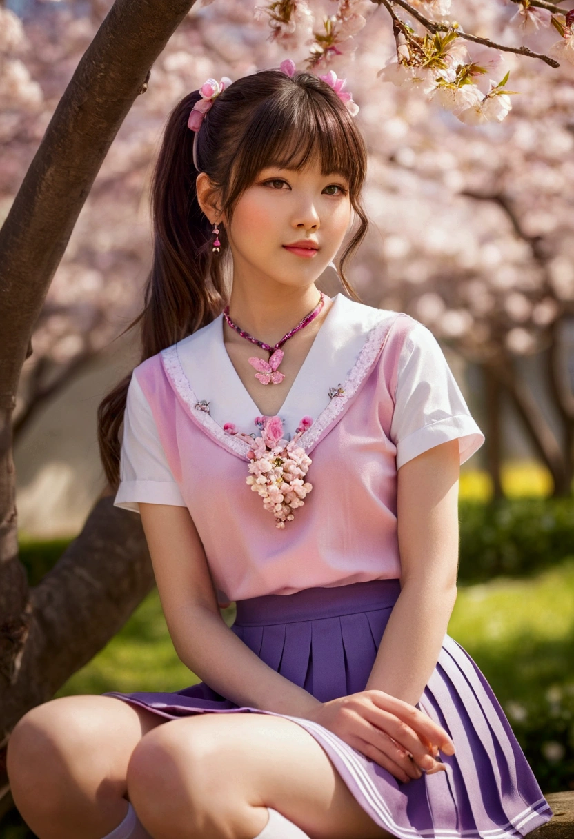 ultra-detailed, sitting under a blooming cherry blossom tree in a vibrant garden, surrounded by colorful flowers. She has radiant, expressive eyes, full of curiosity and innocence. Her lips are delicately curved into a gentle smile. Her hair are tied back with a ponytail and bangs. She wears a necklace, a bracelet, and dangling earrings. The sunlight filters through the branches, casting soft shadows on her face. The cherry blossoms create a dreamy atmosphere with their soft pink petals gently falling around her. The schoolgirl's uniform consists of a very short crop top, a pleated miniskirt, and white thigh-highs. The garden is filled with a variety of flowers, including roses, tulips, and daisies, in vibrant shades of pink, red, yellow, and purple. The scene is bathed in a warm, cinematic light, with a slight golden hue, giving it a romantic and nostalgic feel. The image quality is of the highest standard, with ultra-fine details visible in every aspect, from the delicate strands of hair to the intricate patterns on the schoolgirl's uniform. The colors are vivid and vibrant, with a perfect balance of saturation and contrast. The lighting creates a soft, enchanting glow, enhancing the allure of the scene. The overall composition exudes a sense of tranquility and beauty, inviting the viewer to immerse themselves in the serene moment.