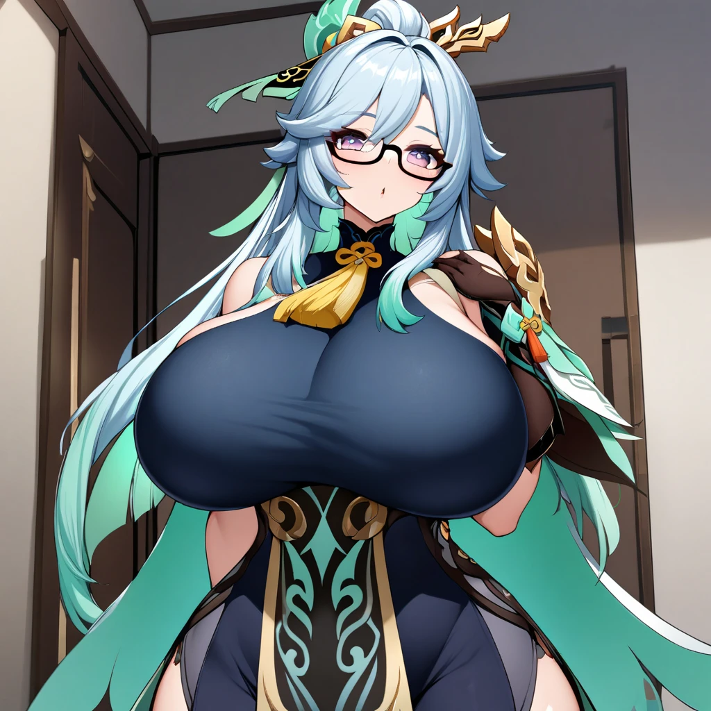 Xianyun(genshin impact),1girl,solo,navy blue hair color,mint inner,color,Akabuchi half-frame glasses,super huge breasts,looking at viewer,near,standing up,in room