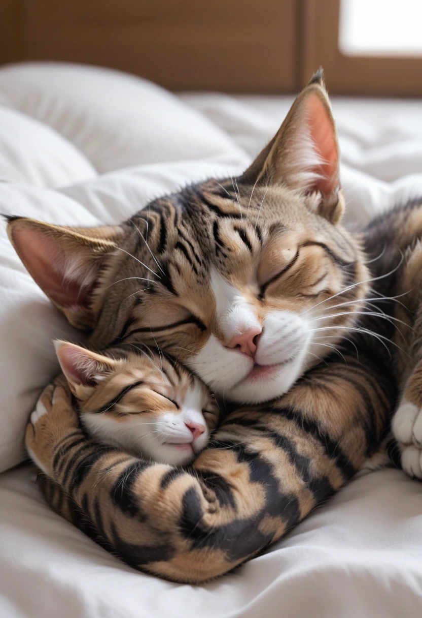 
"A cute tabby cat sleeping in someone's arms. The cat has a white nose and white-edged ears, with a relaxed expression. The background has a sparkling, star-like effect."