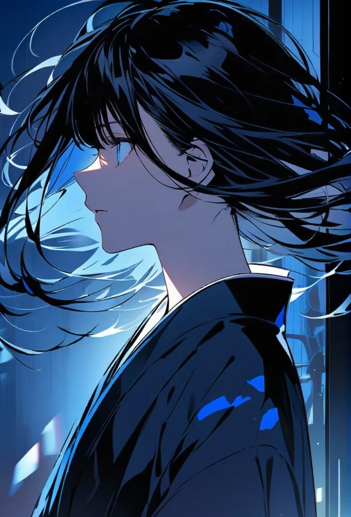 Japanese。male。Sharp Eye。Very long black hair。profile。Plain blue kimono(Dressed in kimono)。A strong wind blows my hair back。Cover your eyes with hair。The background is blue light。Stand up straight。An illustration。picture。