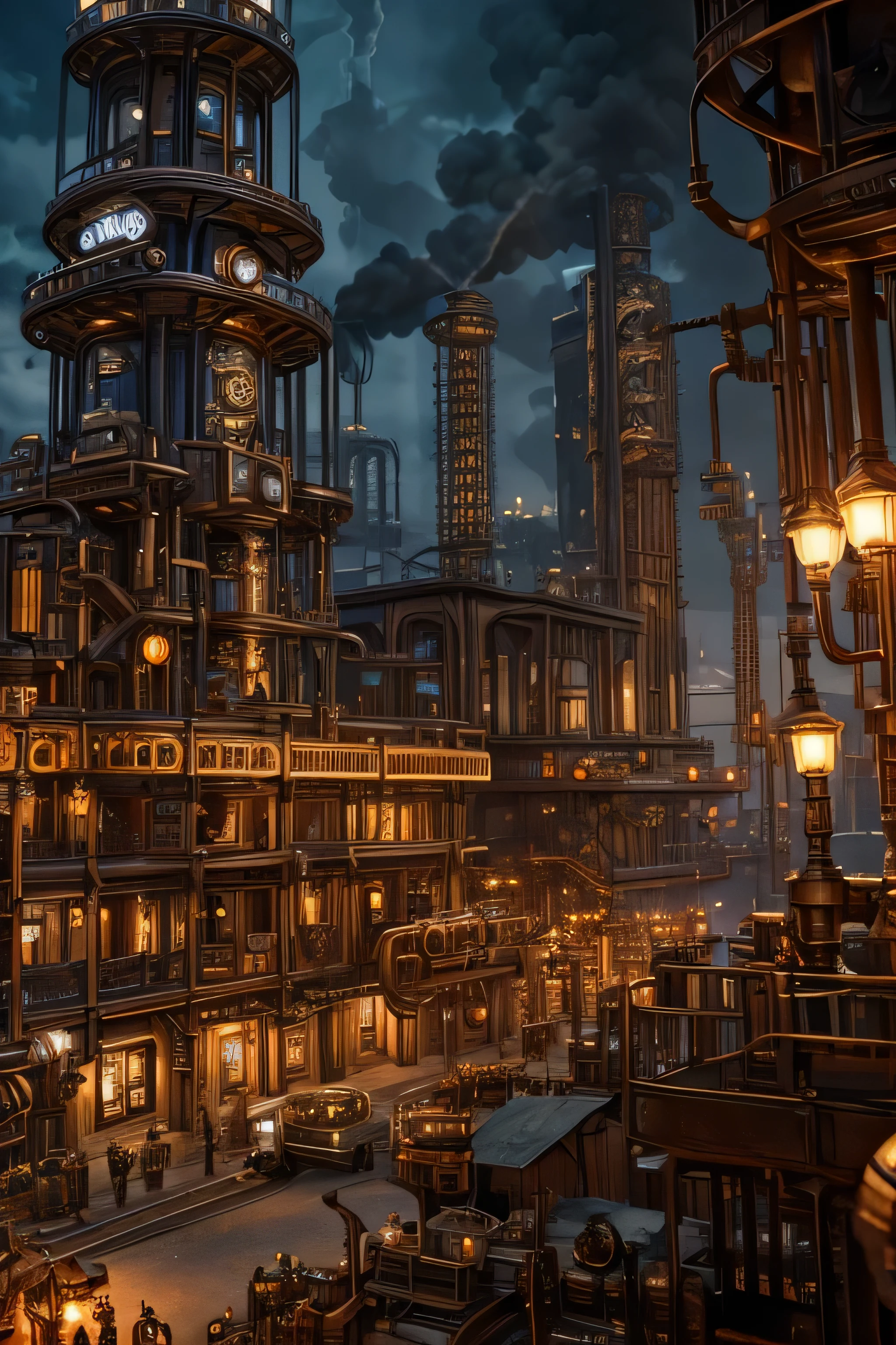 a steam punk city made of metal parts and gears, with steam billowing from pipes, (best quality,8k,sharply focused,masterpiece:1.2),ultra-detailed,realistic,photo-realistic:1.37,intricate machinery,industrial,steampunk,futuristic,cogs,pistons,copper,brass,metallic,glowing lights,dynamic composition,cinematic lighting
