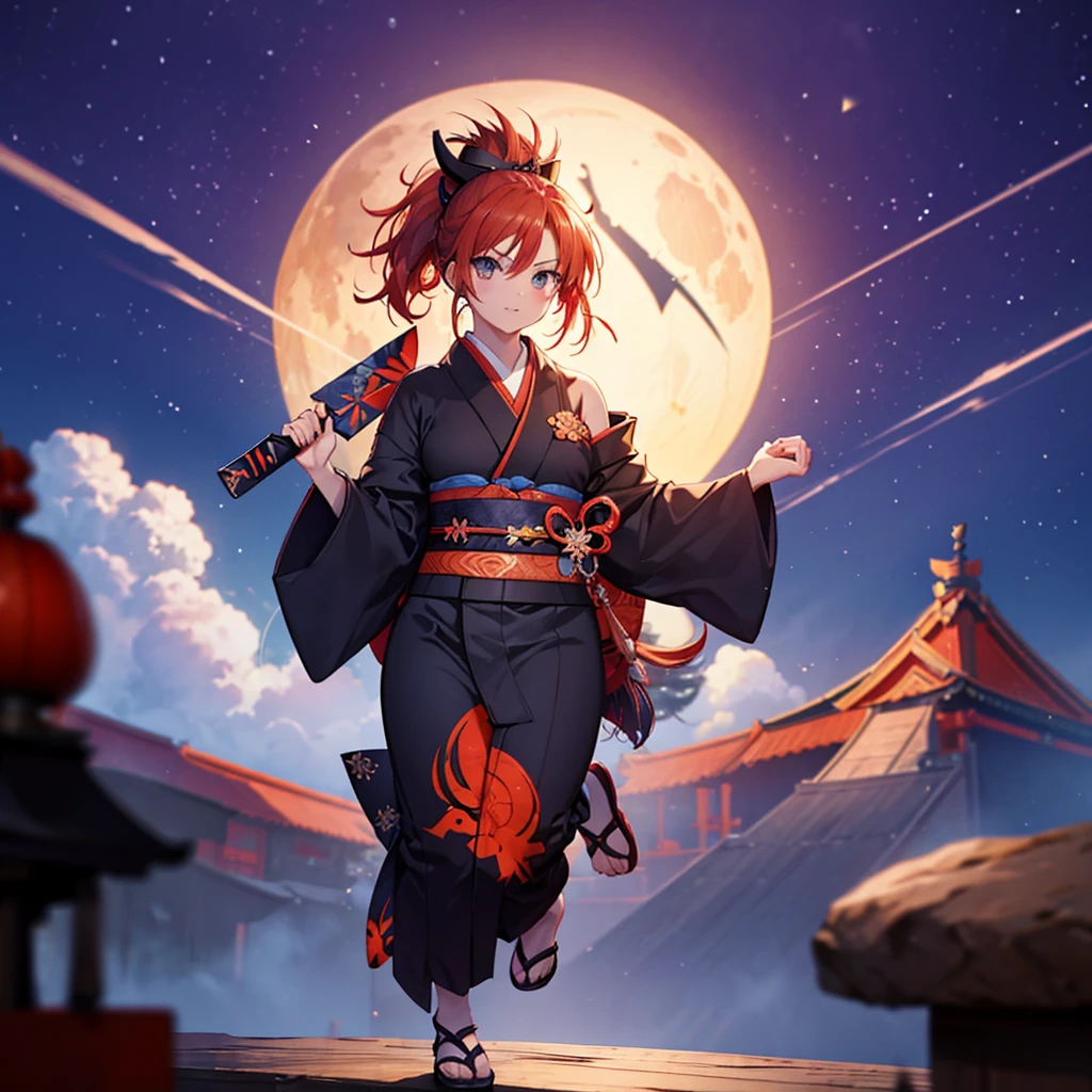 ((((Ninja、1 person Shuriken、throw)))) (((Redhead、ponytail Black kimono、red band Goddess of victory Jump))) ((Red butterfly night Japanese style、old shoulder)) (moon、star autumn) Shining Edges Shining Background
