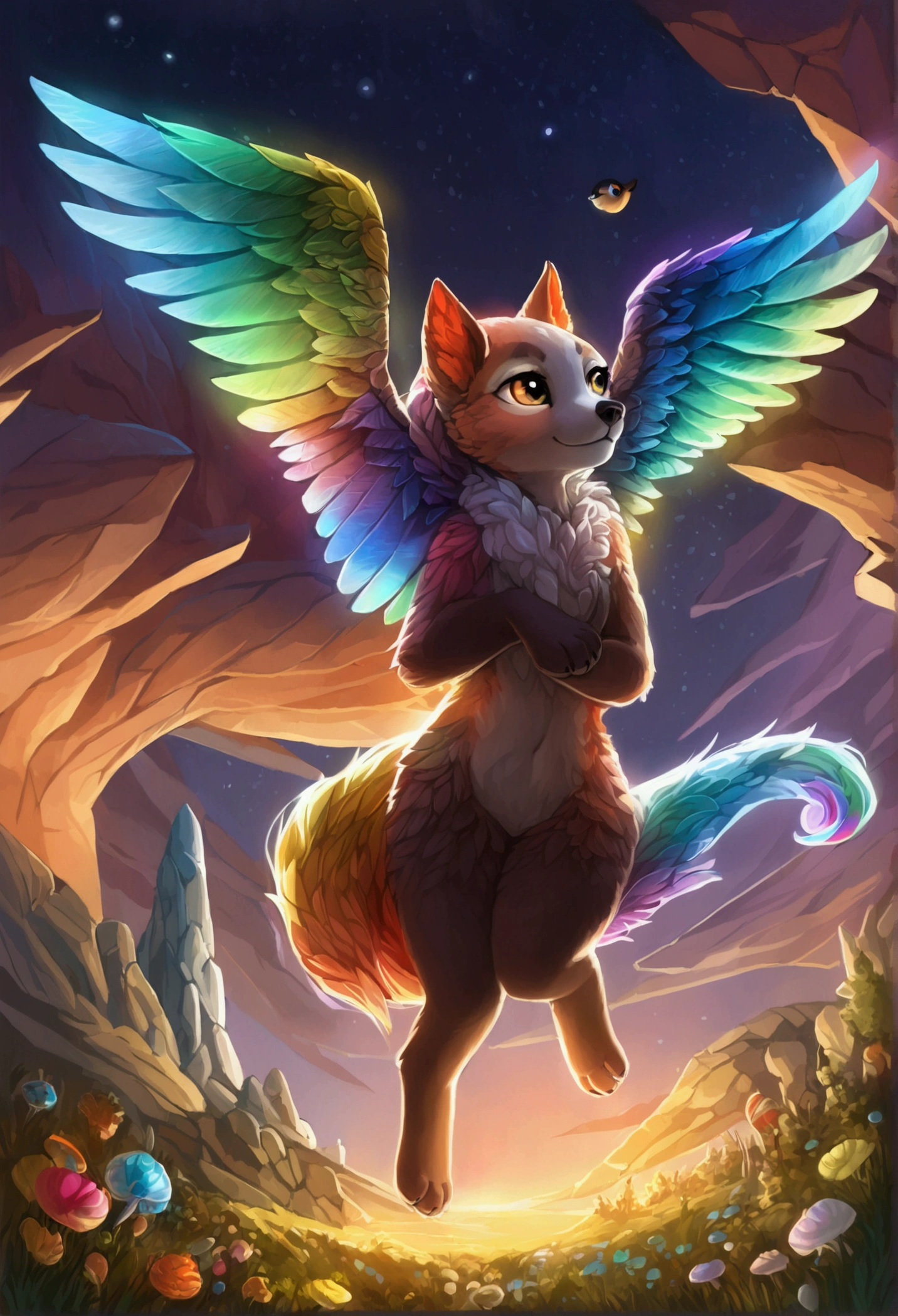 (ultra detailed), a striking and captivating full-size portrait of a female anthro flying puppy, with wings as colorful as a rainbow, soft and fluffy fur, bright, sparkling eyes filled with curiosity, posed mid-flight, suspended in mid-air, showcasing her playful nature, with a pair of small paws balanced delicately, detailed background depicting a whimsical and fantastical forest landscape, with hidden treasures and mysterious creatures, trending on artstation, cenematic lighting, an enchanting aura surrounding her, detailed eyes, a hint of a smile, showcasing her innocence and joy