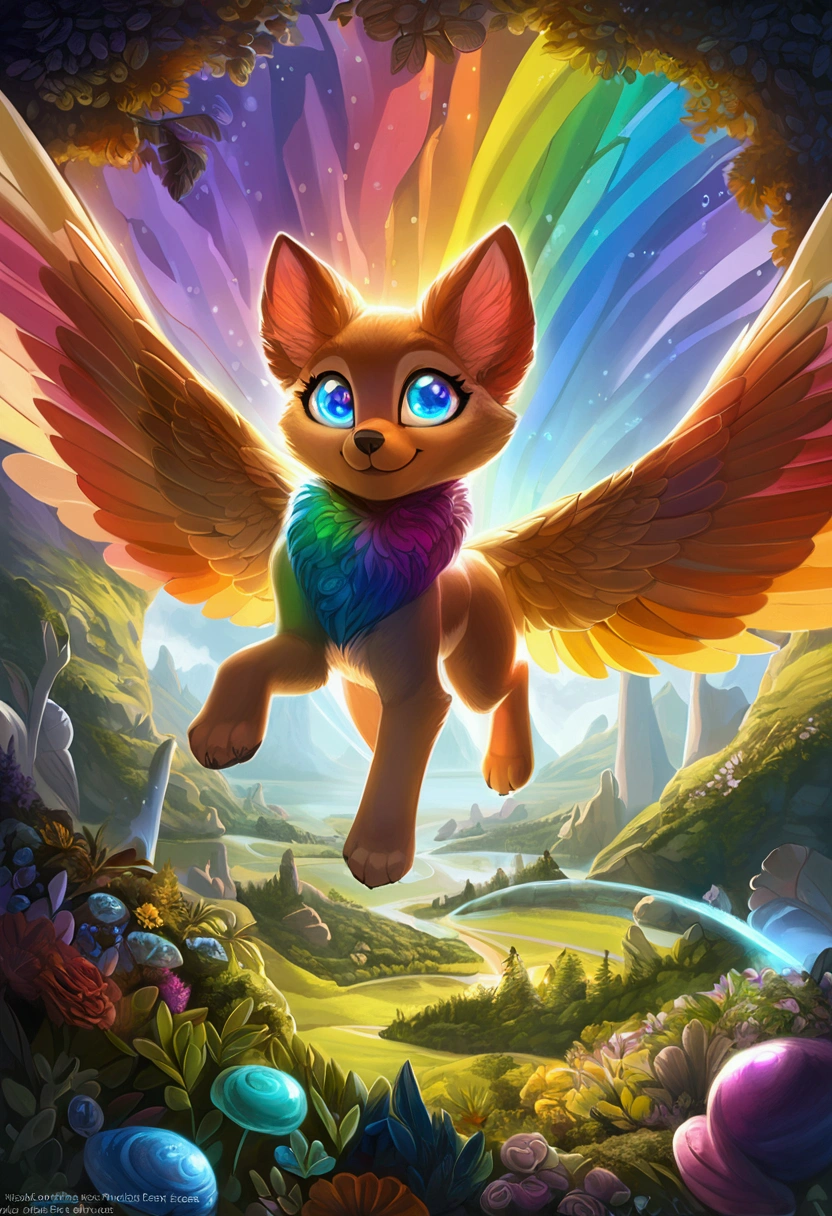 (ultra detailed), a striking and captivating full-size portrait of a female anthro flying puppy, with wings as colorful as a rainbow, soft and fluffy fur, bright, sparkling eyes filled with curiosity, posed mid-flight, suspended in mid-air, showcasing her playful nature, with a pair of small paws balanced delicately, detailed background depicting a whimsical and fantastical forest landscape, with hidden treasures and mysterious creatures, trending on artstation, cenematic lighting, an enchanting aura surrounding her, detailed eyes, a hint of a smile, showcasing her innocence and joy